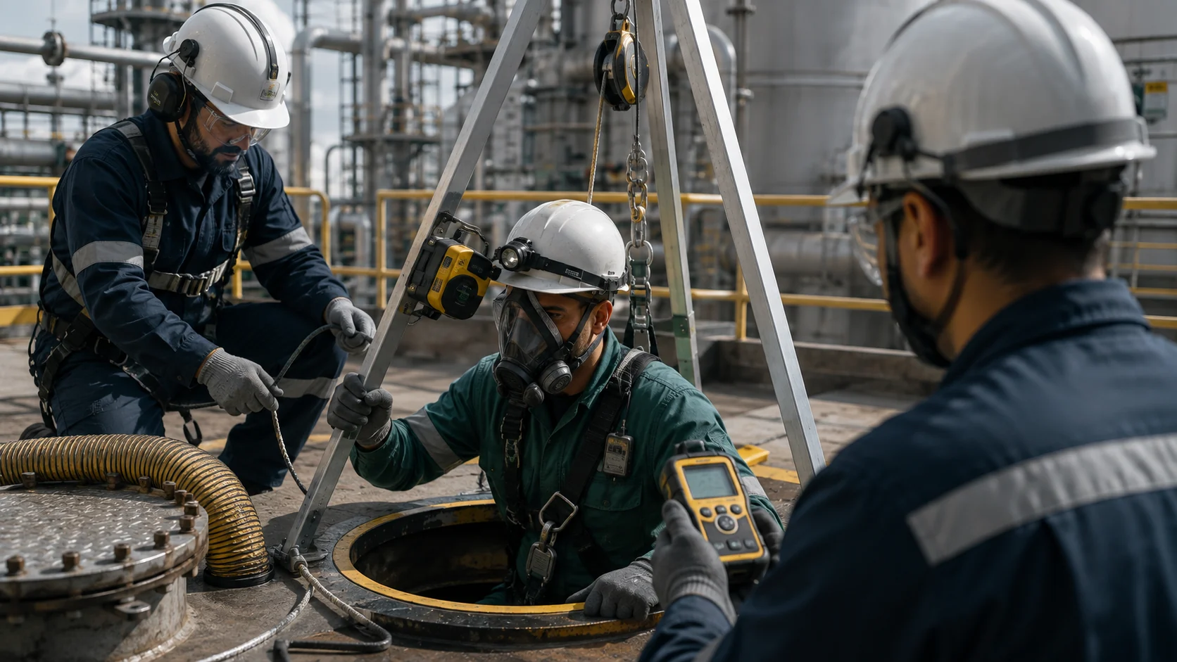 Operação de resgate em espaço confinado com equipamentos especializados