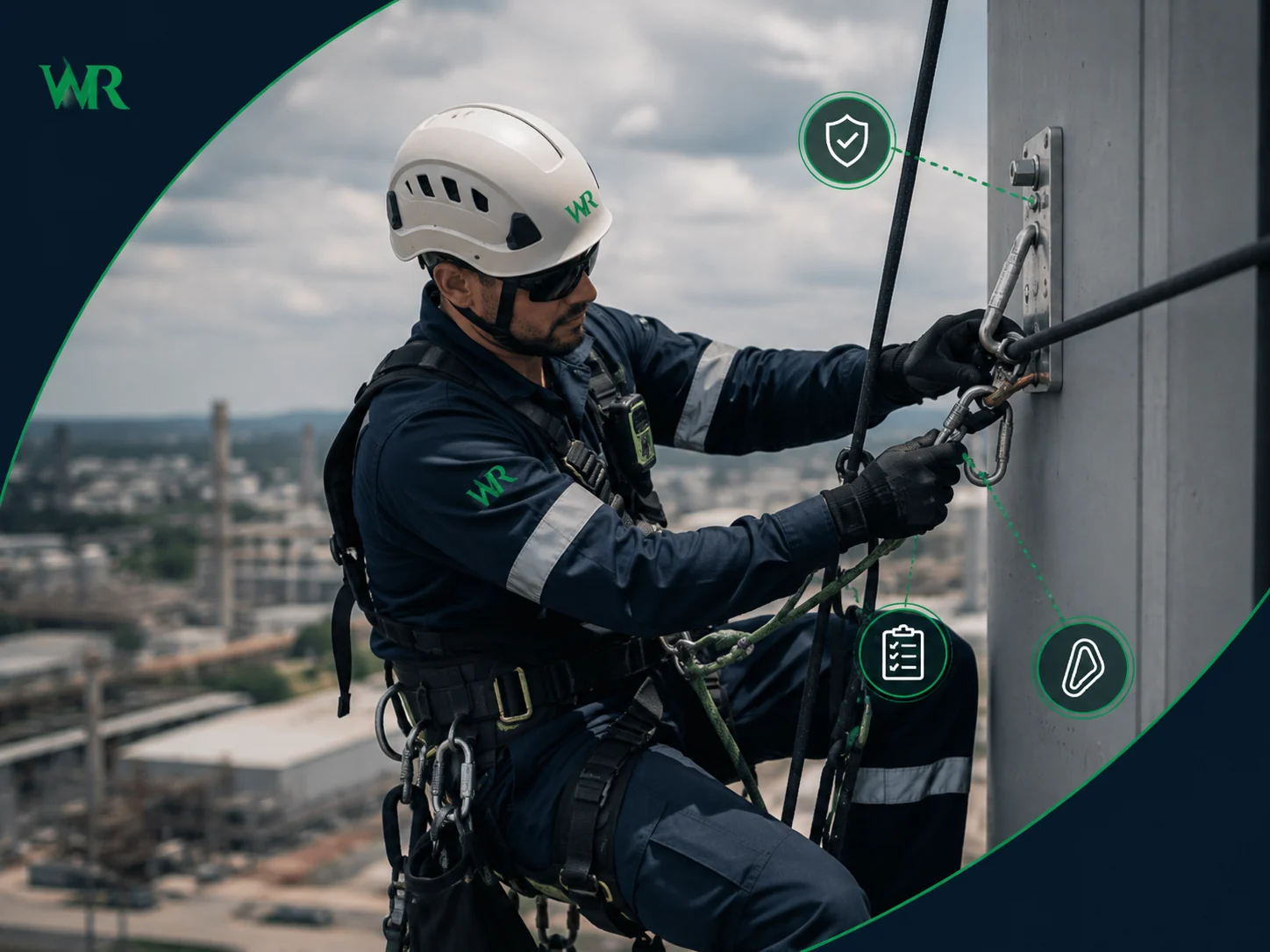 Trabalho em altura com equipamentos de proteção e acesso por cordas