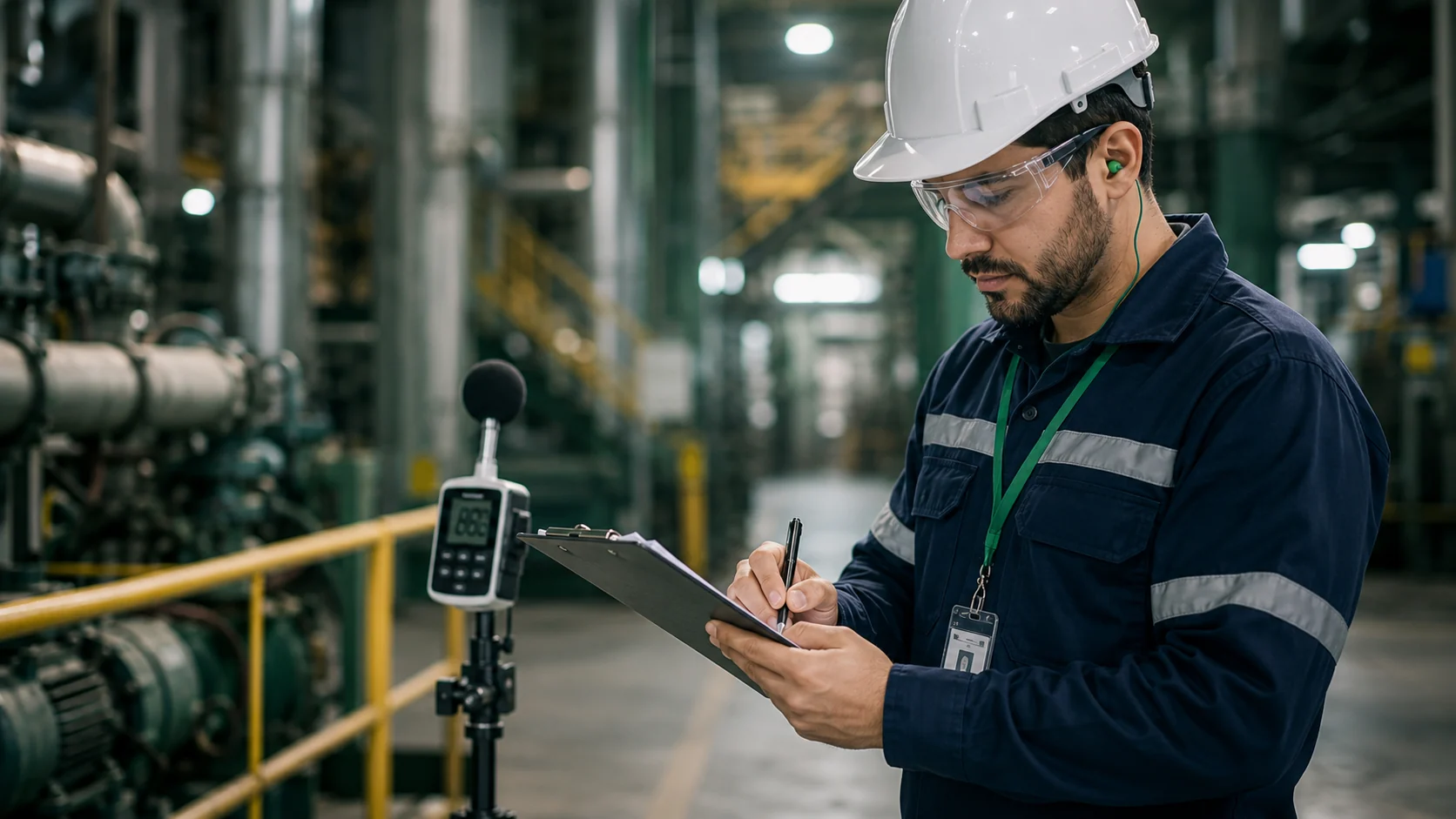 Engenheiro inspecionando planta industrial para avaliação ambiental