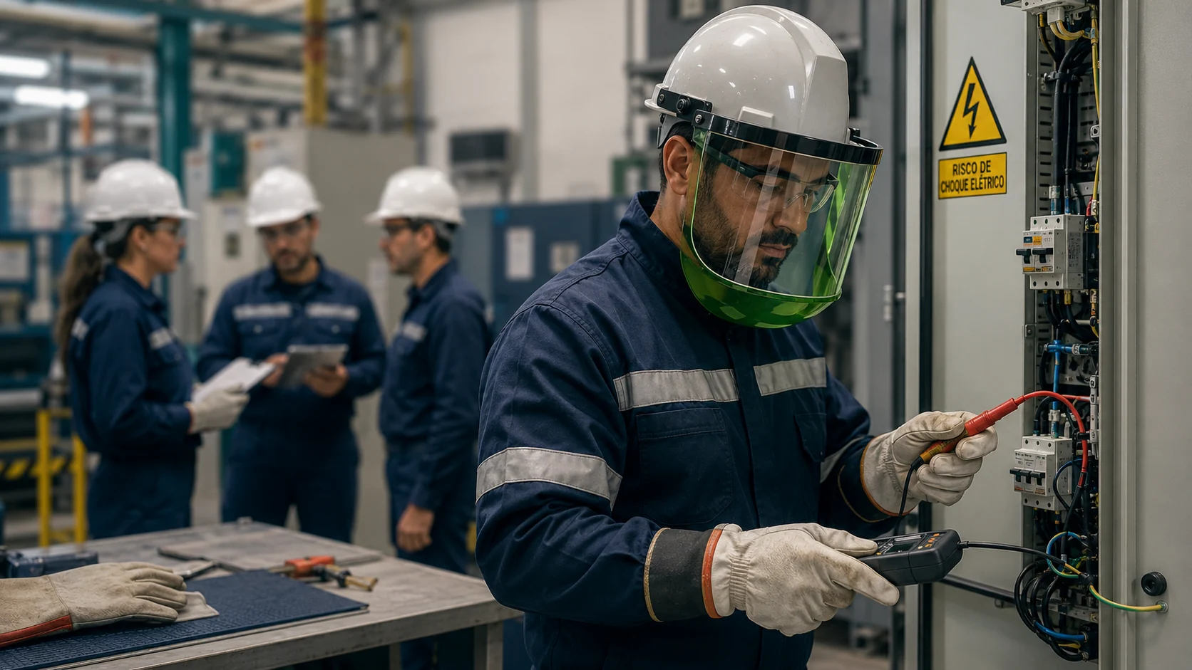 Técnico testa painel elétrico — avaliação de periculosidade em alta tensão